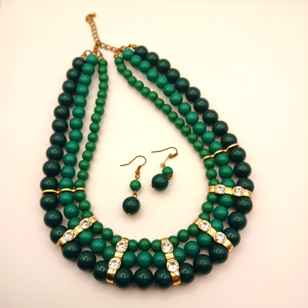 Green Triple Beaded Necklace With Matching Earrings